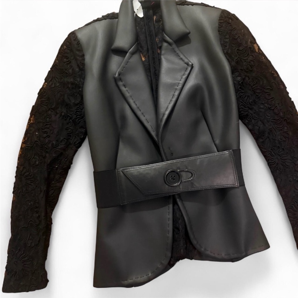 Black Women's Belted Faux Leather Blazer Jacket